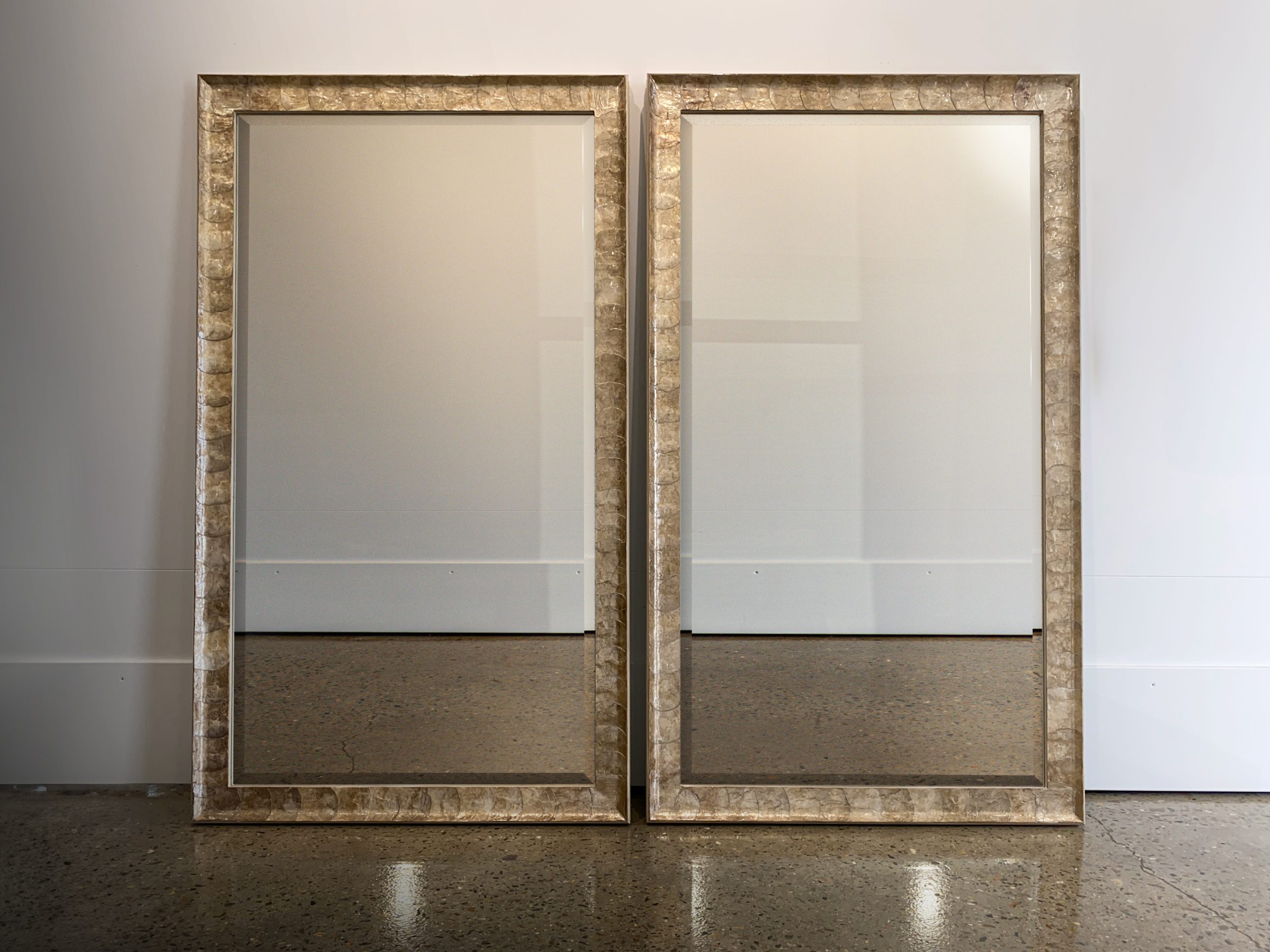 Pair of Bevelled edge mirrors in Champagne Capiz Oyster Shell frames by Dawsons Handcrafted, gold coast, for Thomas Hamel Interior designer